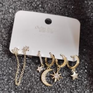 Gold Tone  Star and Moon Earring Set